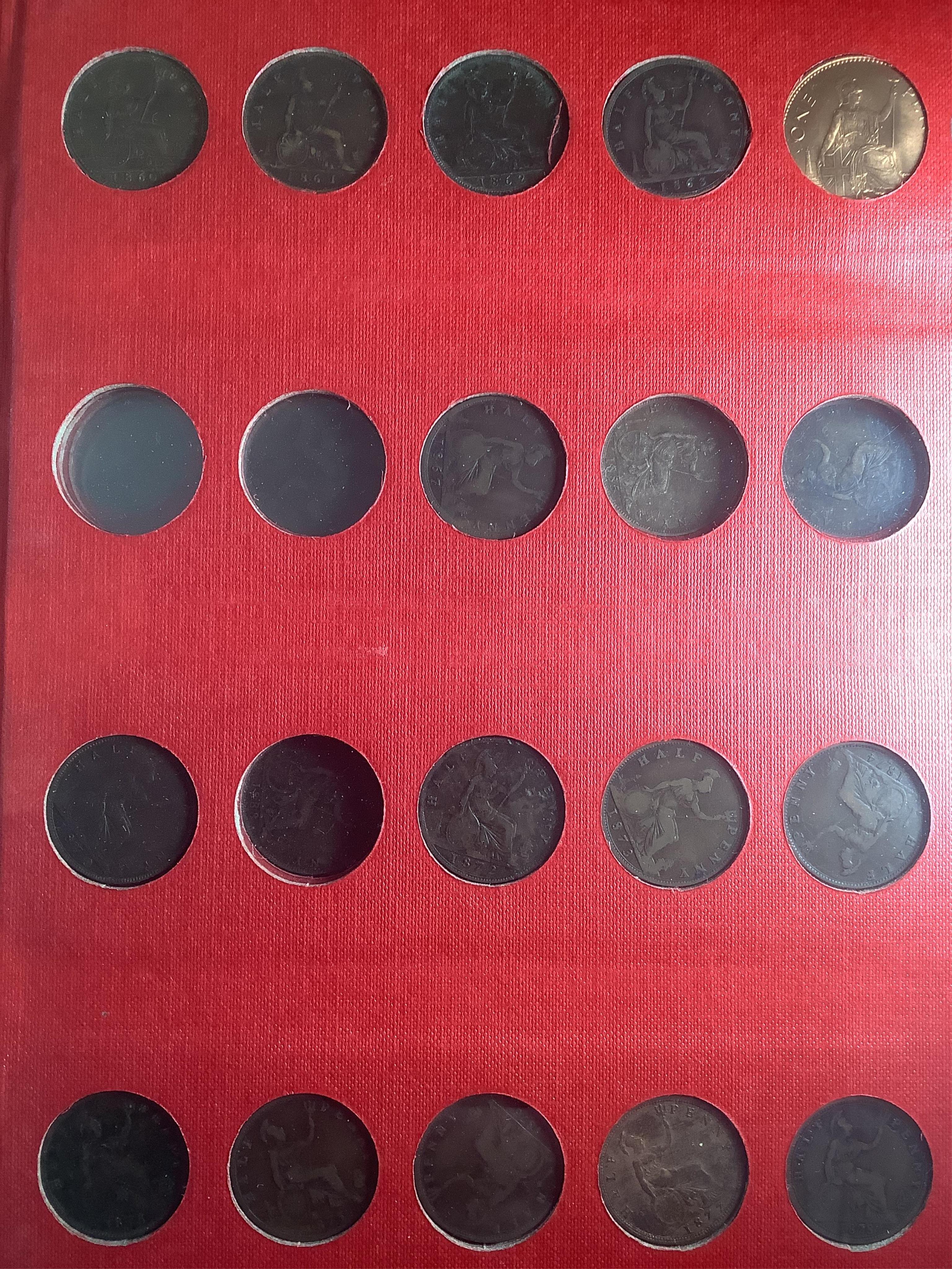 John Hill Collection., British coins, George V to Elizabeth II, eighteen bronze pennies, EF to UNC, some with lustre, Victoria, incomplete date set of bronze half pennies and farthings, 1860-1901, various grades, George